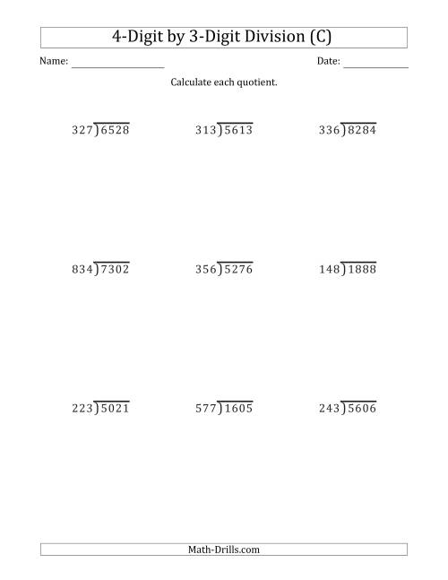 The 4-Digit by 3-Digit Long Division with Remainders and Steps Shown on Answer Key (C) Math Worksheet