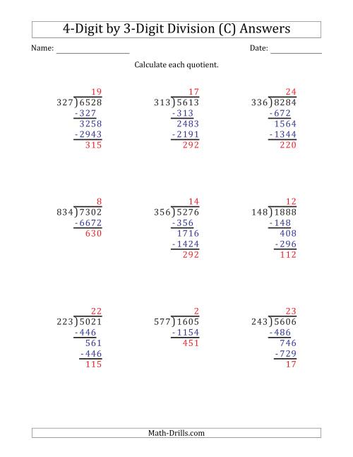 The 4-Digit by 3-Digit Long Division with Remainders and Steps Shown on Answer Key (C) Math Worksheet Page 2