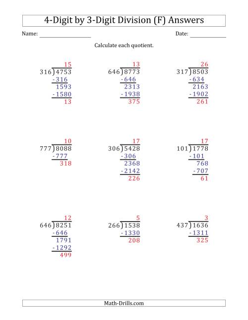 The 4-Digit by 3-Digit Long Division with Remainders and Steps Shown on Answer Key (F) Math Worksheet Page 2