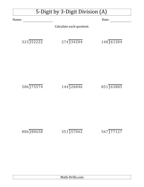 5 digit by 3 digit long division with remainders and steps shown on answer key a