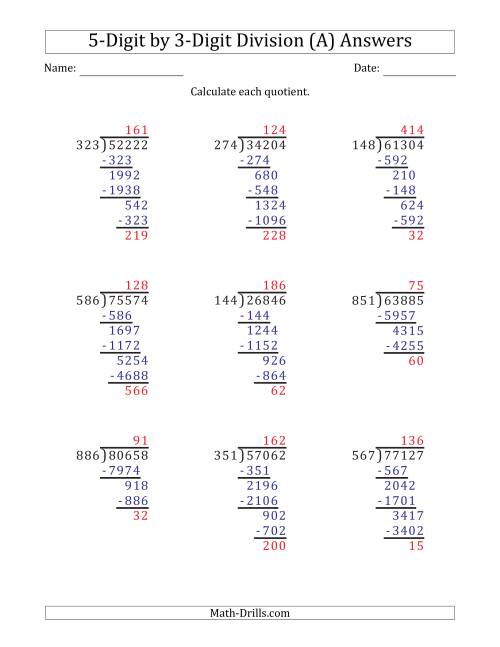5-Digit By 3-Digit Long Division With Remainders And Steps Shown On Answer Key (A)