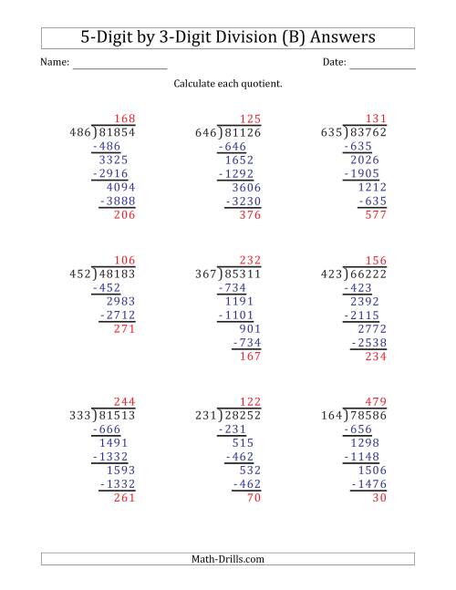 5 digit by 3 digit long division with remainders and steps