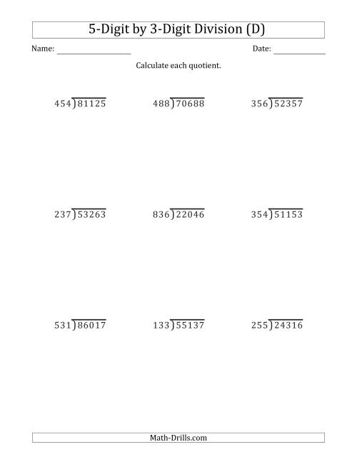5 Digit By 3 Digit Long Division With Remainders And Steps Shown On Answer Key D 