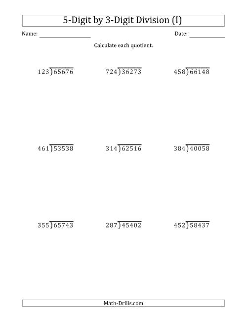 The 5-Digit by 3-Digit Long Division with Remainders and Steps Shown on Answer Key (I) Math Worksheet