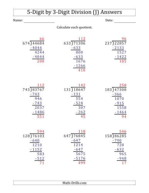 The 5-Digit by 3-Digit Long Division with Remainders and Steps Shown on Answer Key (J) Math Worksheet Page 2