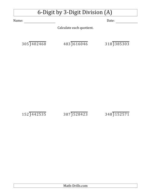 The 6-Digit by 3-Digit Long Division with Remainders and Steps Shown on Answer Key (A) Math Worksheet