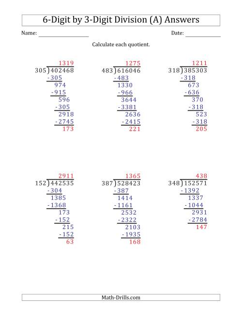 6 digit by 3 digit long division with remainders and steps shown on answer key a