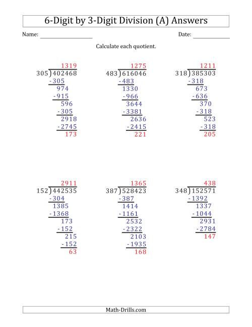 6 Digit By 3 Digit Long Division With Remainders And Steps Shown On 