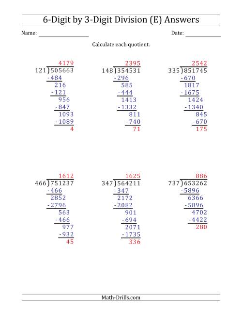 6 digit by 3 digit long division with remainders and steps shown on