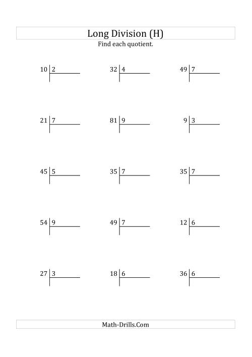 The European Long Division with a 1-Digit Divisor and a 1-Digit Quotient with No Remainders (H) Math Worksheet