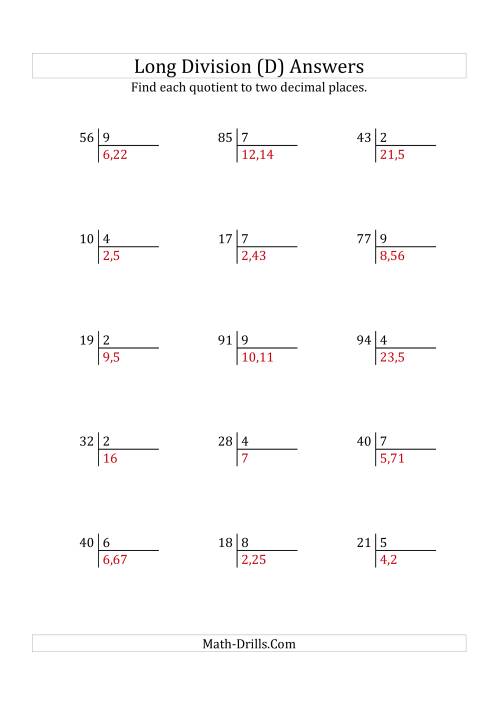 The European Long Division with a 1-Digit Divisor and a 2-Digit Dividend with Decimal Quotients (D) Math Worksheet Page 2
