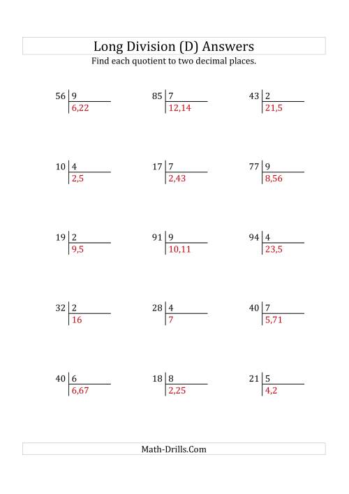 european long division with a 1 digit divisor and a 2 digit dividend