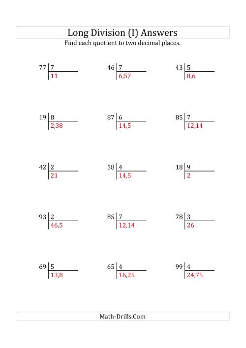 The European Long Division with a 1-Digit Divisor and a 2-Digit Dividend with Decimal Quotients (I) Math Worksheet Page 2