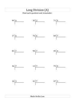 European Long Division with a 1-Digit Divisor and a 2-Digit Dividend with Remainders