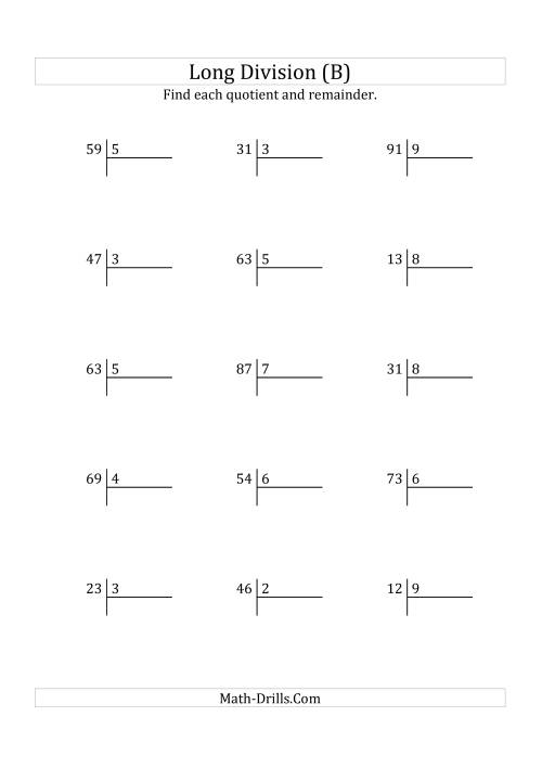 The European Long Division with a 1-Digit Divisor and a 2-Digit Dividend with Remainders (B) Math Worksheet