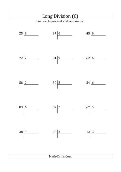 The European Long Division with a 1-Digit Divisor and a 2-Digit Dividend with Remainders (C) Math Worksheet