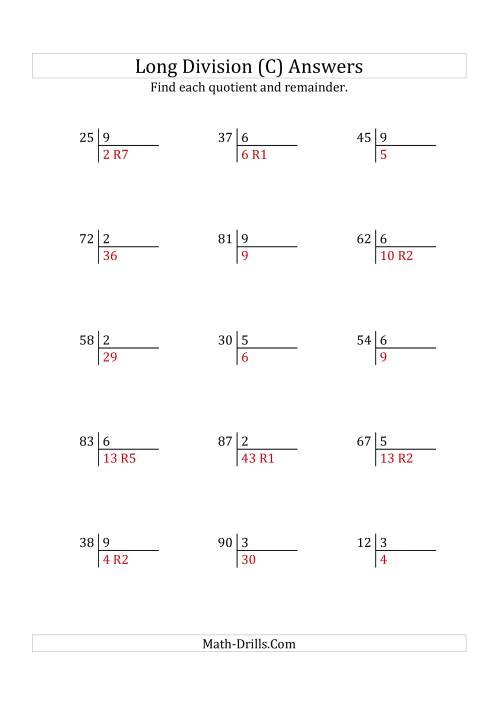 european long division with a 1 digit divisor and a 2 digit dividend