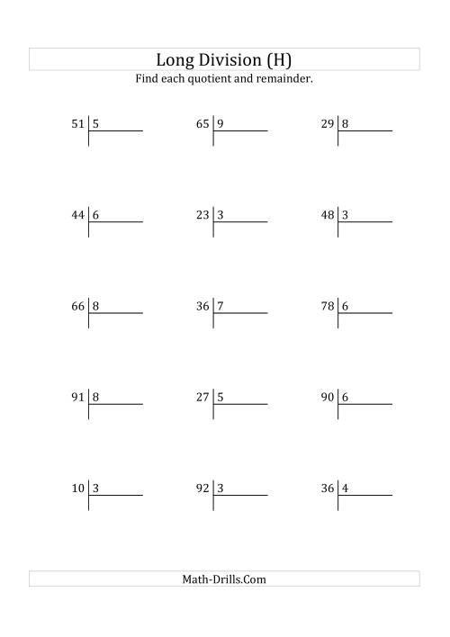 The European Long Division with a 1-Digit Divisor and a 2-Digit Dividend with Remainders (H) Math Worksheet