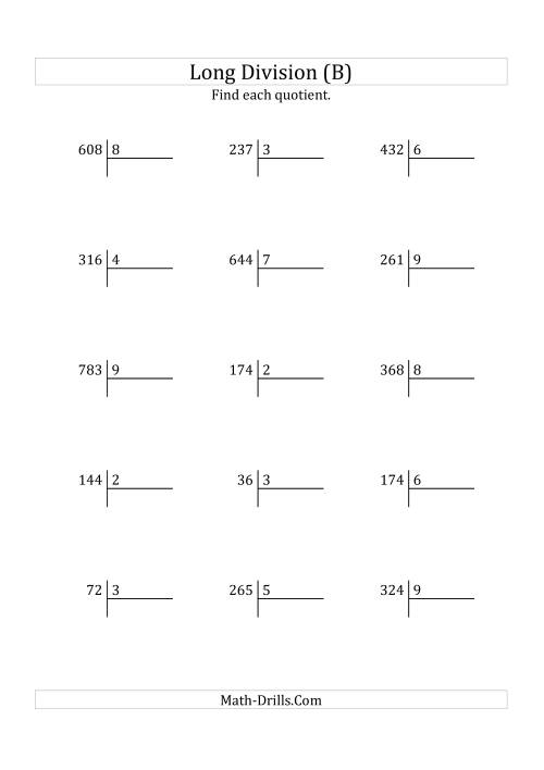 The European Long Division with a 1-Digit Divisor and a 2-Digit Quotient with No Remainders (B) Math Worksheet
