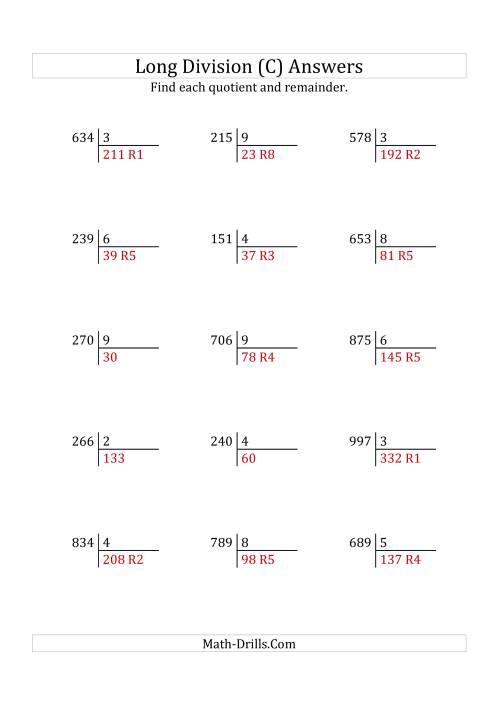 The European Long Division with a 1-Digit Divisor and a 3-Digit Dividend with Remainders (C) Math Worksheet Page 2