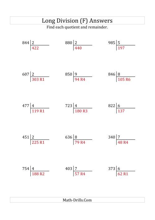 The European Long Division with a 1-Digit Divisor and a 3-Digit Dividend with Remainders (F) Math Worksheet Page 2