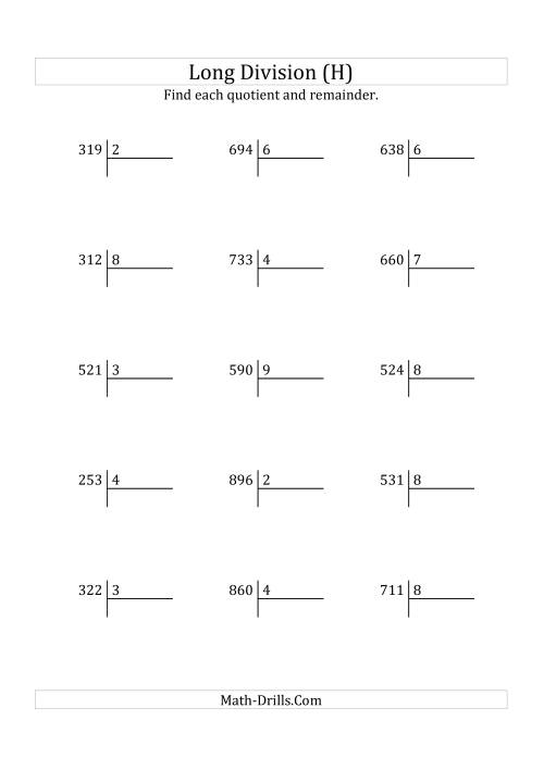 The European Long Division with a 1-Digit Divisor and a 3-Digit Dividend with Remainders (H) Math Worksheet