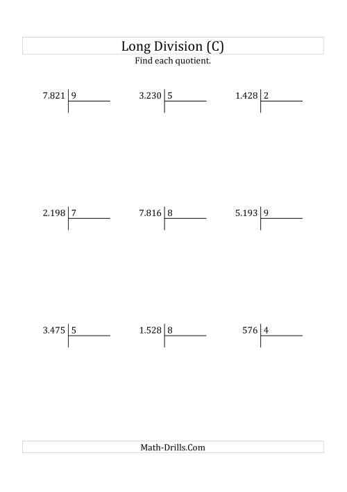 The European Long Division with a 1-Digit Divisor and a 3-Digit Quotient with No Remainders (C) Math Worksheet
