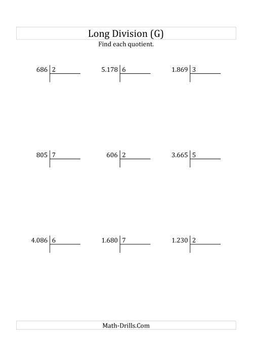 The European Long Division with a 1-Digit Divisor and a 3-Digit Quotient with No Remainders (G) Math Worksheet