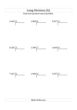 European Long Division with a 1-Digit Divisor and a 4-Digit Dividend with Remainders