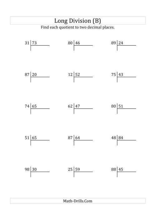 The European Long Division with a 2-Digit Divisor and a 2-Digit Dividend with Decimal Quotients (B) Math Worksheet