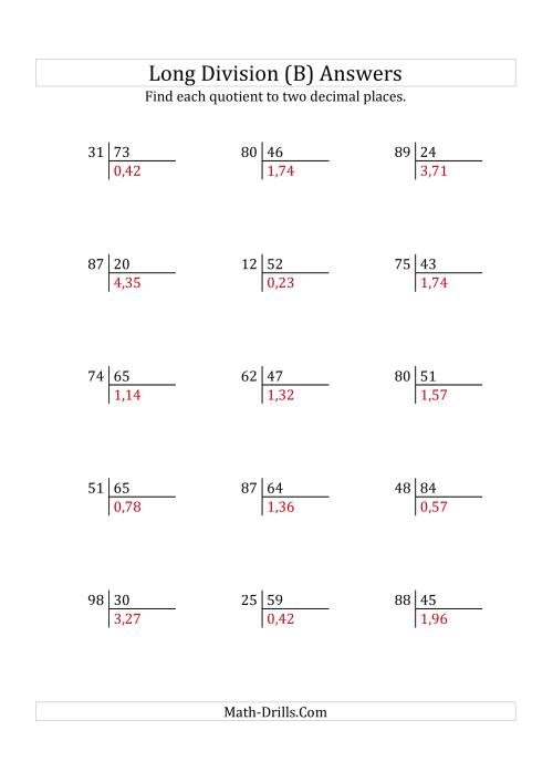 The European Long Division with a 2-Digit Divisor and a 2-Digit Dividend with Decimal Quotients (B) Math Worksheet Page 2
