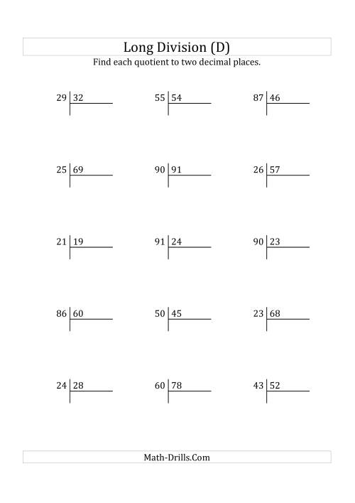 The European Long Division with a 2-Digit Divisor and a 2-Digit Dividend with Decimal Quotients (D) Math Worksheet