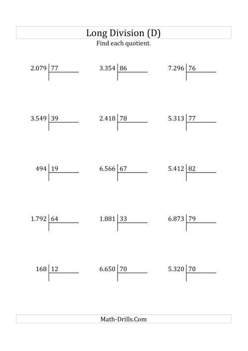 The European Long Division with a 2-Digit Divisor and a 2-Digit Quotient with No Remainders (D) Math Worksheet