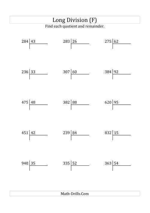 The European Long Division with a 2-Digit Divisor and a 3-Digit Dividend with Remainders (F) Math Worksheet