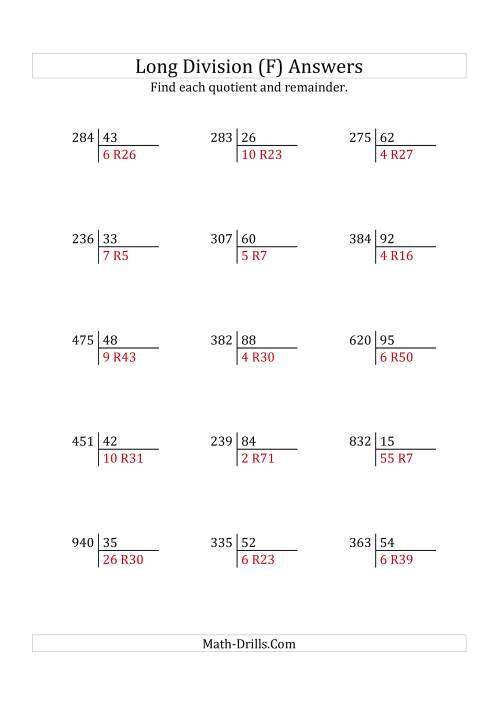 The European Long Division with a 2-Digit Divisor and a 3-Digit Dividend with Remainders (F) Math Worksheet Page 2