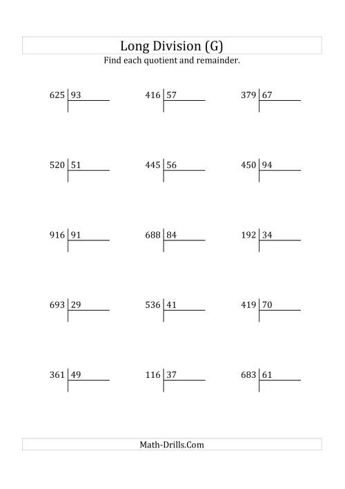 The European Long Division with a 2-Digit Divisor and a 3-Digit Dividend with Remainders (G) Math Worksheet