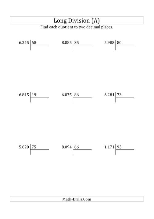 The European Long Division with a 2-Digit Divisor and a 4-Digit Dividend with Decimal Quotients (A) Math Worksheet