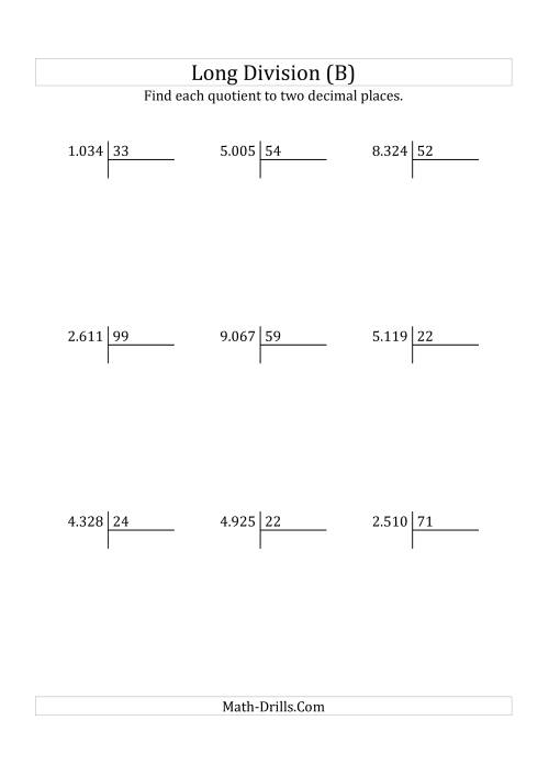 The European Long Division with a 2-Digit Divisor and a 4-Digit Dividend with Decimal Quotients (B) Math Worksheet