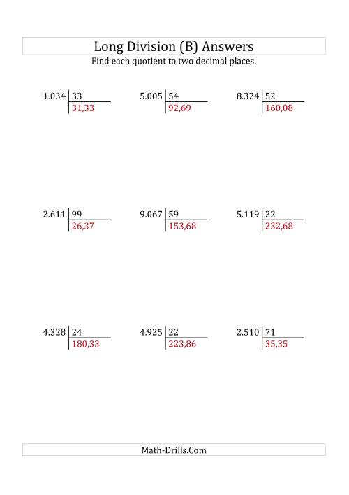 The European Long Division with a 2-Digit Divisor and a 4-Digit Dividend with Decimal Quotients (B) Math Worksheet Page 2