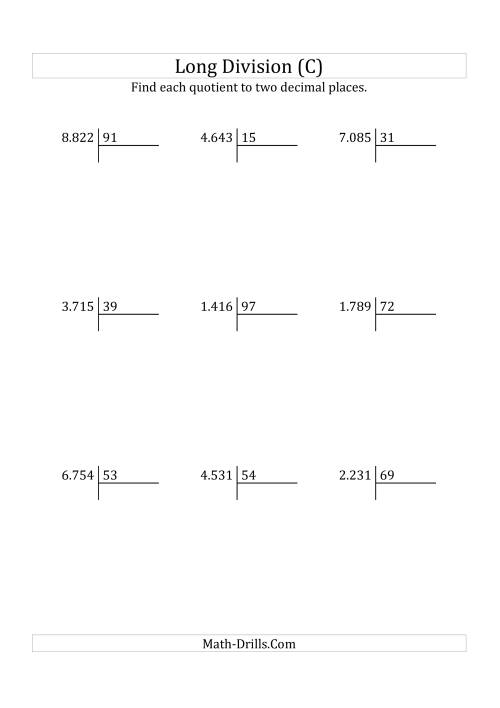 The European Long Division with a 2-Digit Divisor and a 4-Digit Dividend with Decimal Quotients (C) Math Worksheet
