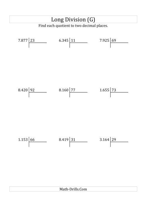 The European Long Division with a 2-Digit Divisor and a 4-Digit Dividend with Decimal Quotients (G) Math Worksheet