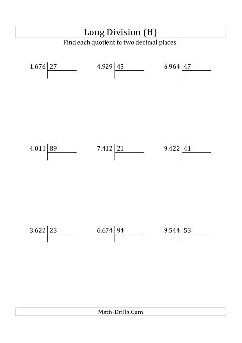 The European Long Division with a 2-Digit Divisor and a 4-Digit Dividend with Decimal Quotients (H) Math Worksheet