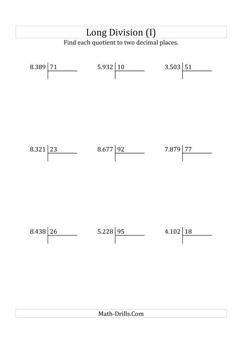 The European Long Division with a 2-Digit Divisor and a 4-Digit Dividend with Decimal Quotients (I) Math Worksheet