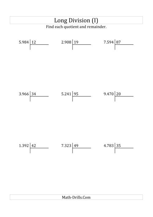 The European Long Division with a 2-Digit Divisor and a 4-Digit Dividend with Remainders (I) Math Worksheet