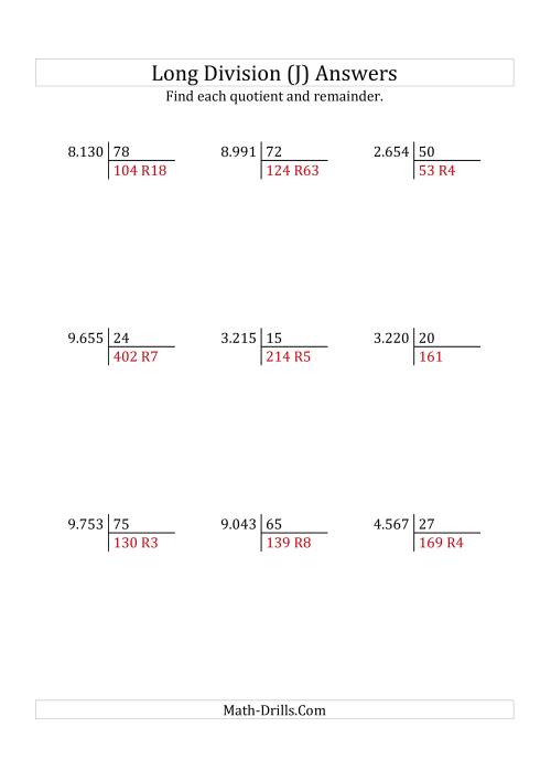 The European Long Division with a 2-Digit Divisor and a 4-Digit Dividend with Remainders (J) Math Worksheet Page 2
