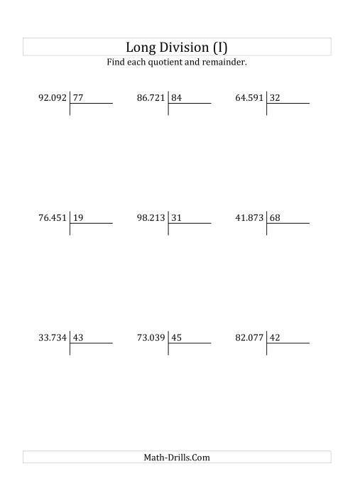 The European Long Division with a 2-Digit Divisor and a 5-Digit Dividend with Remainders (I) Math Worksheet