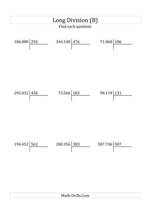 The European Long Division with a 3-Digit Divisor and a 3-Digit Quotient with No Remainders (B) Math Worksheet