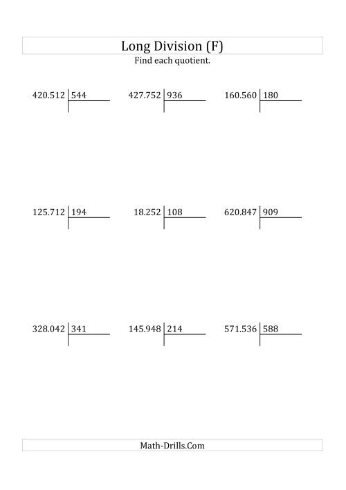 The European Long Division with a 3-Digit Divisor and a 3-Digit Quotient with No Remainders (F) Math Worksheet