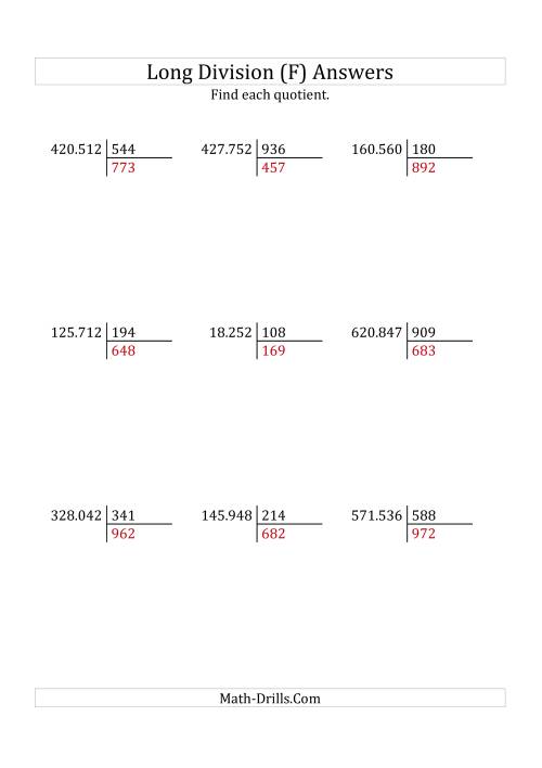 The European Long Division with a 3-Digit Divisor and a 3-Digit Quotient with No Remainders (F) Math Worksheet Page 2