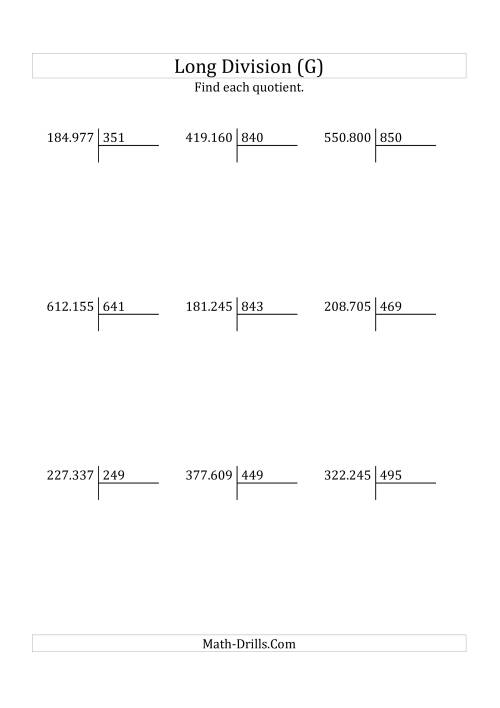 The European Long Division with a 3-Digit Divisor and a 3-Digit Quotient with No Remainders (G) Math Worksheet